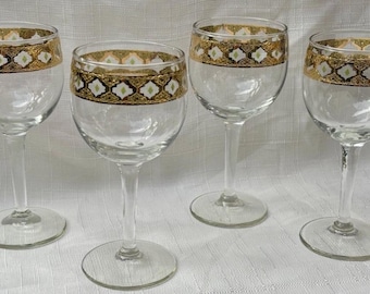 Culver Valencia 22k Gold Green Diamond Small Wine Glasses 5 3/4" Set of 4