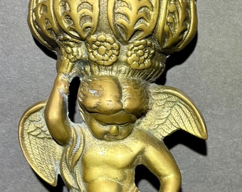 Vintage Ornate Solid Brass Cherub Wall Pocket Sconce Match Holder Hollywood Regency Style