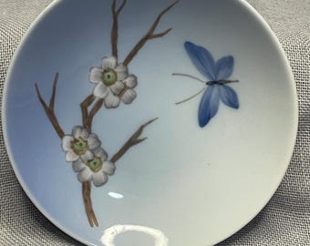 Vintage Royal Copenhagen Butterfly Trinket Dish 2301/2800 1980s Danish Porcelain Dish, Hand-Painted Blue Butterfly & Flower Pristine Cond