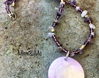Purple and blue polka dot shell necklace