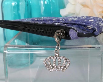 Cell Phone Charm; Zipper Pull.  Silver Crown with Rhinestones with Lobster Clasp.