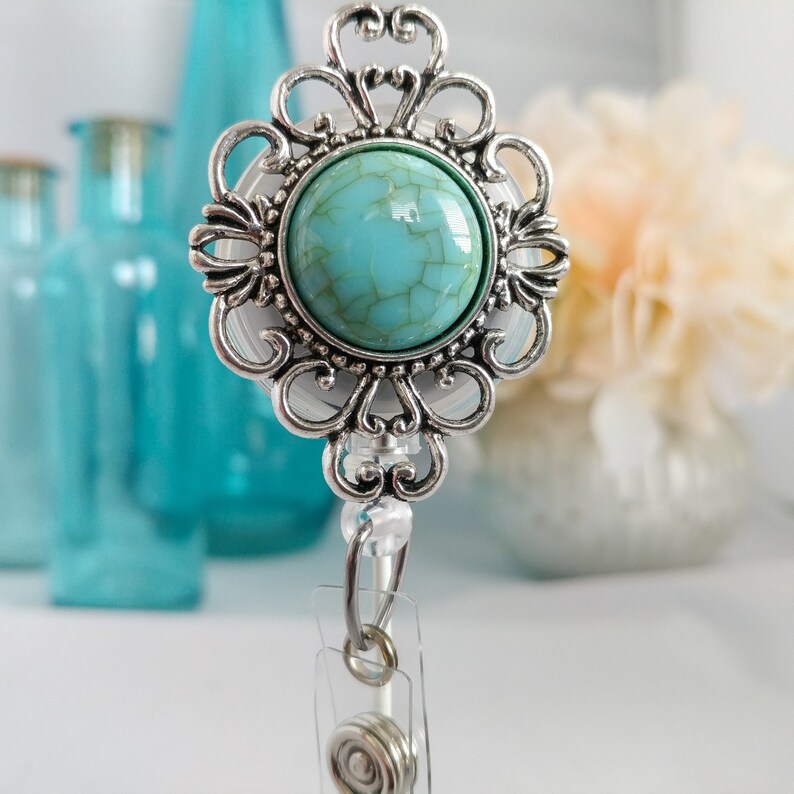 Ariana Silver and Turquoise Retractable Reel Badge and ID Holder. image 3