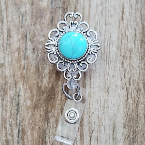 Ariana Silver and Turquoise Retractable Reel Badge and ID Holder.