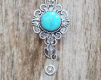 Ariana Silver and Turquoise Retractable Reel Badge and ID Holder.