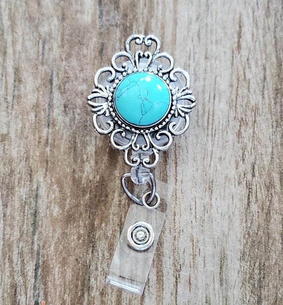 Ariana Silver and Turquoise Retractable Reel Badge and ID Holder.
