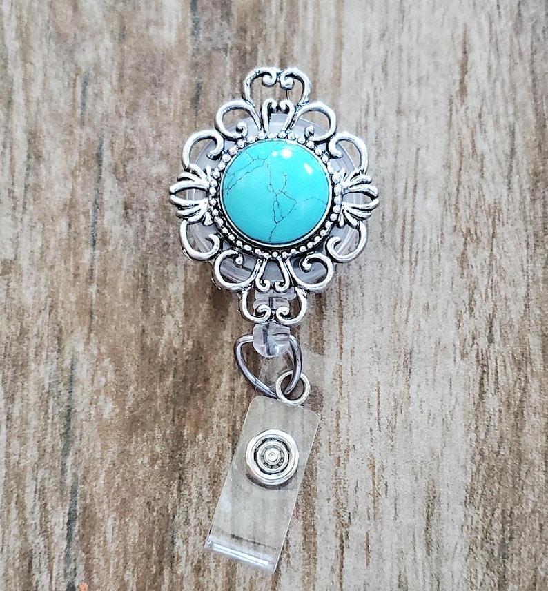 Ariana Silver and Turquoise Retractable Reel Badge and ID Holder. image 1