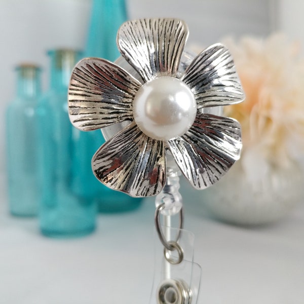 Portia.  Etched Silver Badge and ID Holder with Silky White Pearl.