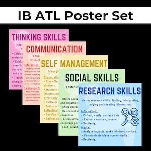 May include: A set of educational posters with the text "IB ATL Poster Set" at the top. The posters are in various colors and include titles such as "Thinking Skills," "Communication," "Self Management," "Social Skills," and "Research Skills."