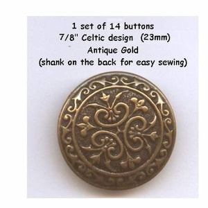 14 botones de metal de 7/8" de pirata celta dorado antiguo con vástago - Disfraces, obras escolares, túnicas, ropa de Halloween, feria renacentista