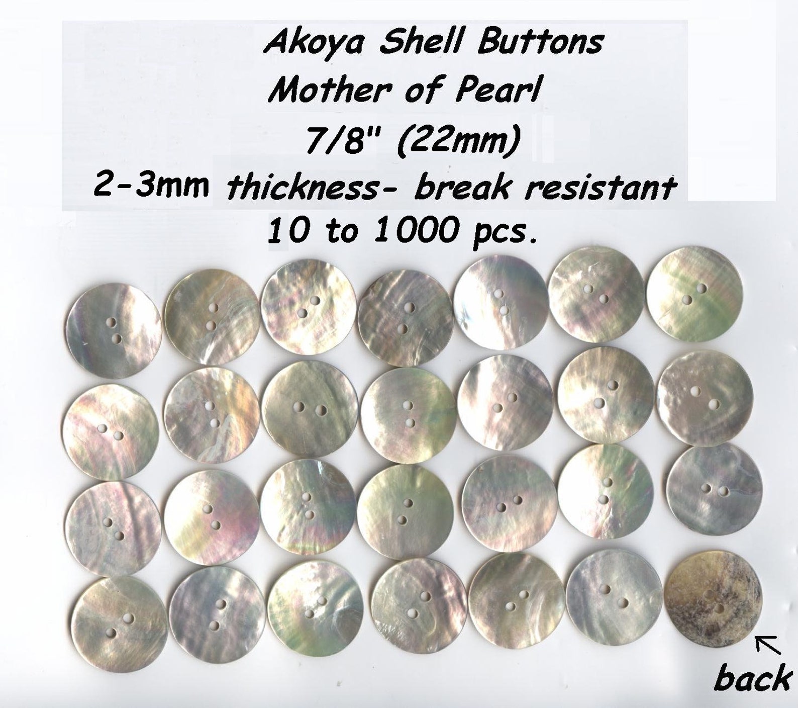10 to 1000 Akoya 7/8" Shell Mother of Pearl Buttons 22mm 36L Agoya ...