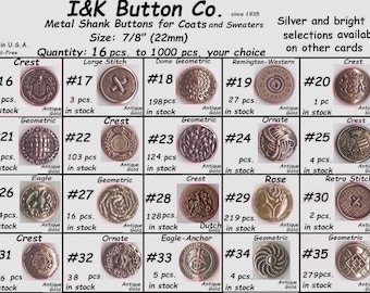 16 to 1000 pcs. Metal  7/8"  Buttons Antique Silver or Gold- Costumes, Theater School Plays (23mm) Medieval Clothing  Halloween Costumes