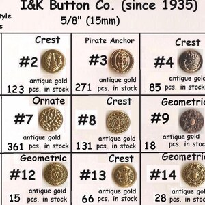 8 to 1000 pcs. Antique Gold Metal 5/8 15mm Blazer Buttons for Vests CHOICE Medieval clothing Renaissance Faire Clothing image 2