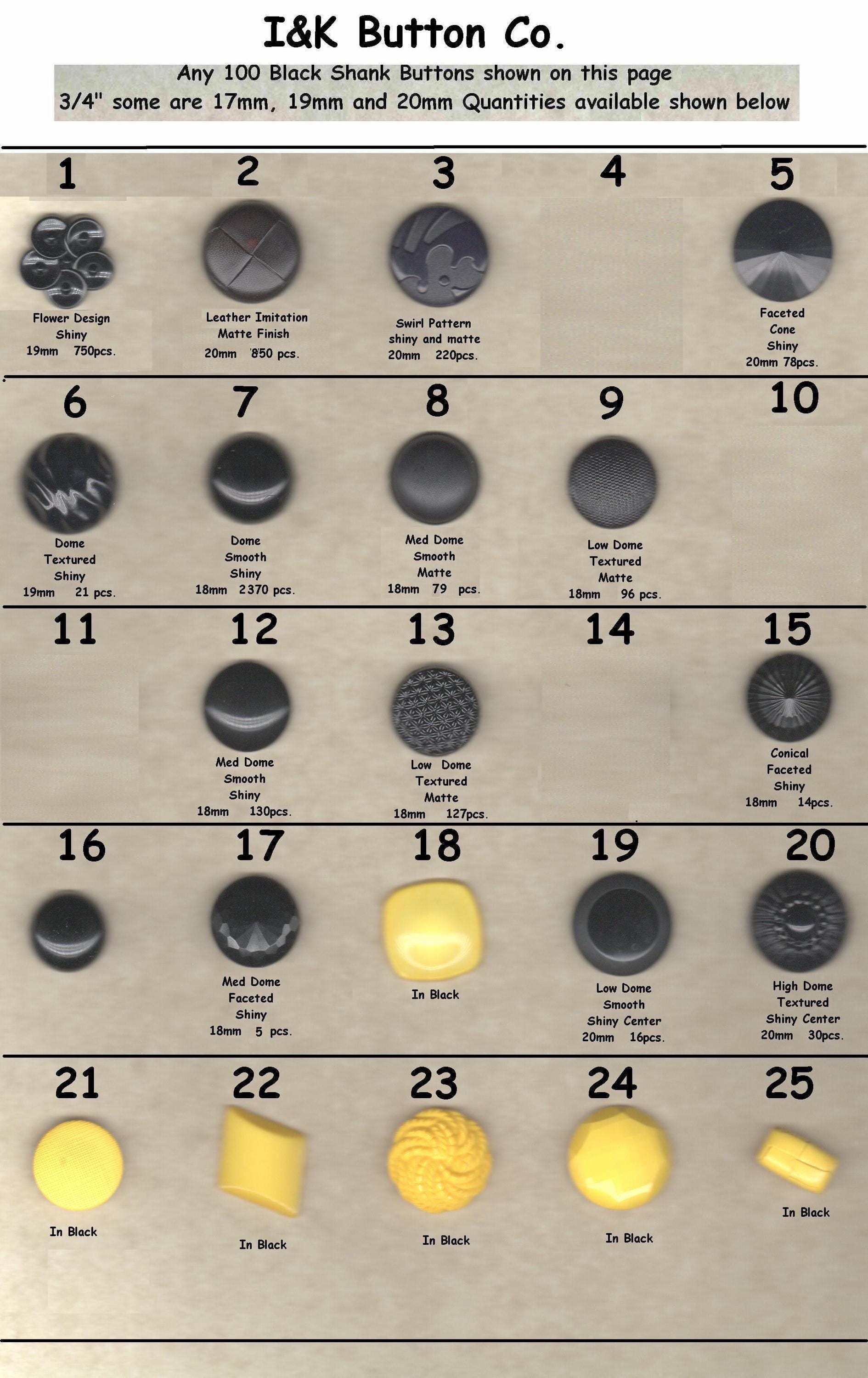 30 Black Buttons 3/4" 20 styles with Shanks 19mm Assorted or if they are in stock, one or more specific styles you request