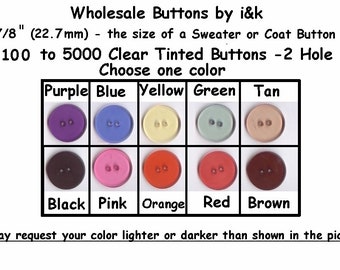 100 to 3000 pcs. Clear 7/8" Shiny 2 hole Lead-Free Buttons  NEW - 22.7mm WHOLESALE - Choose One color from selection or request any color