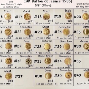 8 to 1000 pcs. Antique Gold Metal 5/8&quot; (15mm) Blazer Buttons - for Vests -CHOICE Medieval clothing Renaissance Faire Clothing