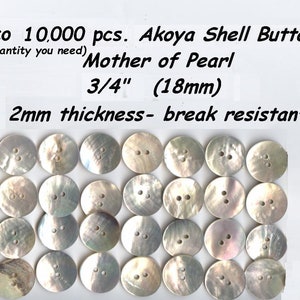 May include: A collection of 24 white mother of pearl buttons, each with two holes. The buttons are 3/4 inches (18mm) in diameter and 2mm thick. The buttons are arranged in a grid pattern on a white background. The text "Back" is written in black ink with an arrow pointing to the right. The text "80 to 10,000 pcs. Akoya Shell Buttons (any quantity you need) Mother of Pearl 3/4" (18mm) 2mm thickness- break resistant" is written in black ink above the buttons.