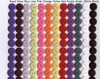 May include: 144 total buttons in 12 colors: royal navy, blue, lime, pink, orange, yellow, red, purple, green, white, and black. Each color has 12 buttons, 5/8 inch in size. Other sizes are available in other auctions.