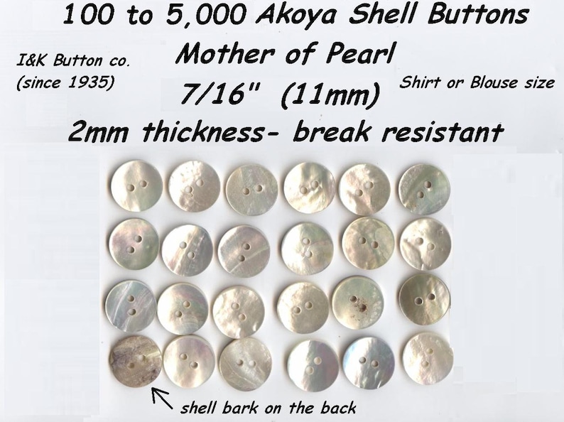 100 to 5,000 pcs. Akoya 7/16 Shell 11mm 18L Mother of Pearl Doll Buttons Superior Quality and thickness custom orders available image 1