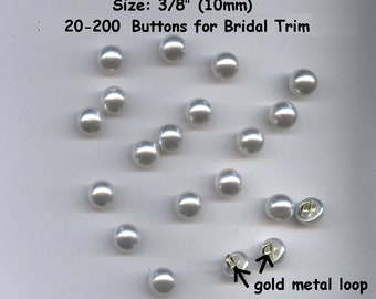 20-200 Buttons 3/8" (10mm) Round Half-ball Faux Pearl for Bridal Trim with gold metal shank