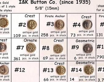 8 to 1000 pcs. Antique Gold Metal 5/8" (15mm) Blazer Buttons - for Vests -CHOICE Medieval clothing Renaissance Faire Clothing