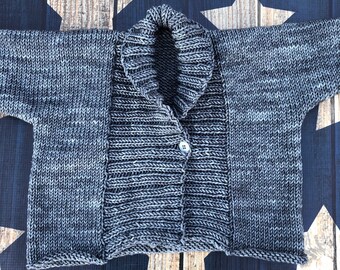 Hand Knit Baby Sweater - Natural Wool Sweater - Ribbed Kids Sweater - Shawl Collar Sweater