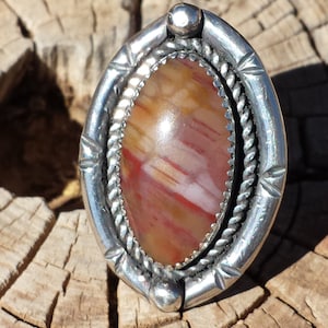 Rainbow Petrified Wood, Beautiful Colors, Oval Ring, size 7.25, adorned and crafted in sterling silver