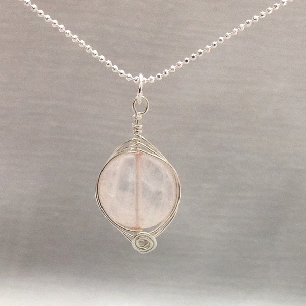 Natural Rose Quartz  wire wrapped  Pendant made from Sterling Silver, Handmade Pendant , Handcrafted Jewelry