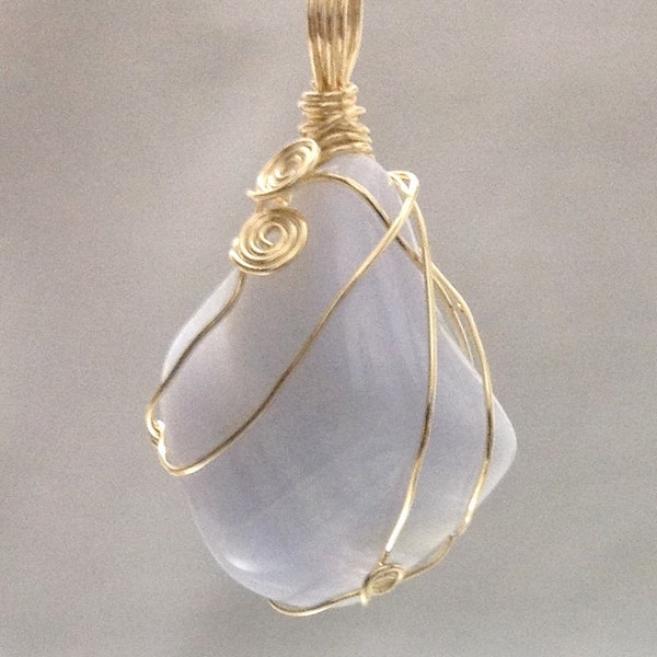 Natural Blue Lace Agate Pendant made of 14k gold filled  wire wrapped,   Handcrafted,  One of a kind Jewelry