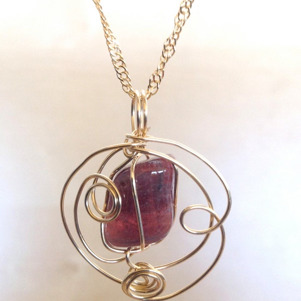 Natural Pink Tourmaline with 14k gold filled, wire wrapped  pendant
