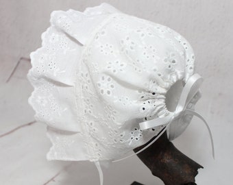 Baptism Baby Bonnet, White, Christening Eyelet Bonnet, Baby Girl Baptism, Lace Christening Beguin, Christening Baby Gift