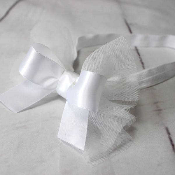 Bandeau serre-tête, Headband, Baptême bébé, Bandeau Communion, Mariage, Accessoire cheveux blanc, Bandeau Baptême, Cadeau Fille