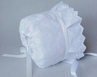 Baptism Baby Bonnet, Christening, Eyelet Bonnet, White Lace Baby Bonnet