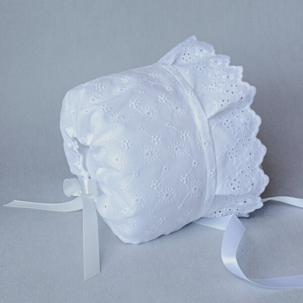 Bonnet Bébé Baptême, Béguin Blanc Broderie Anglaise, Accessoire Photo Bébé