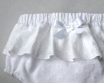 Baptism Bloomers, White Christening Baby Bloomers, Lace Baby Diaper Cover, Newborn Eyelet Bloomer, Lacy Infant Panties