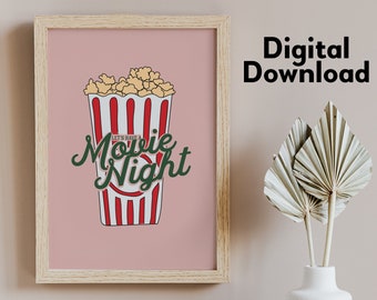 Illustrated Movie Night Digital Download Art Print - Typographic Wall Art - Pink Poster
