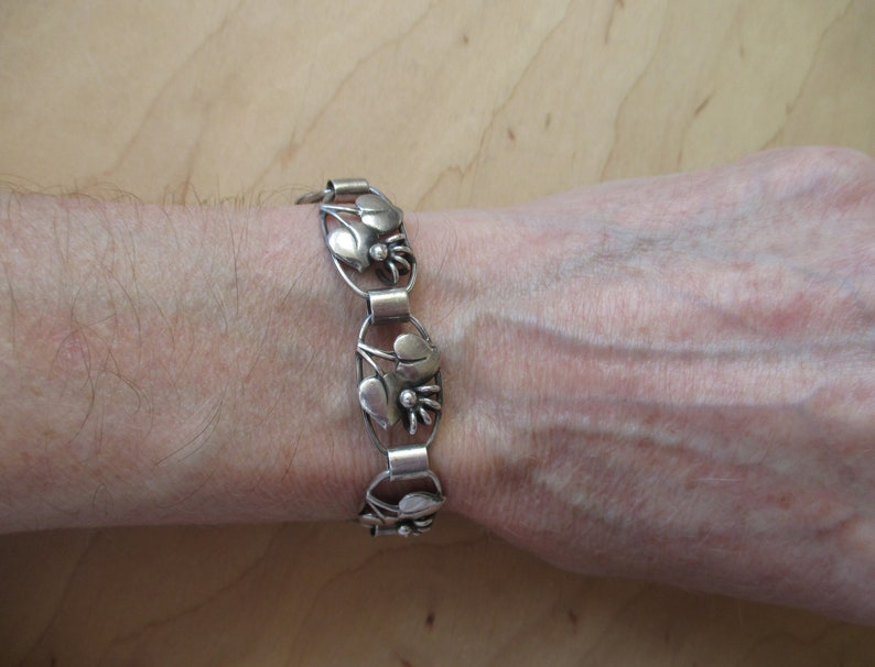 Danish floral link bracelet 830 silver Scandinavian design 1940s coil flowers leaves vintage 40s solid silver jewellery made in Denmark
