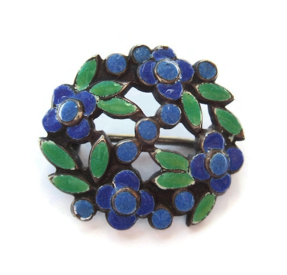 #874. Bernard Instone small enamel brooch enamelled flowers and leaves Arts and Crafts vintage brooch or lace pin 1930s forget-me-nots