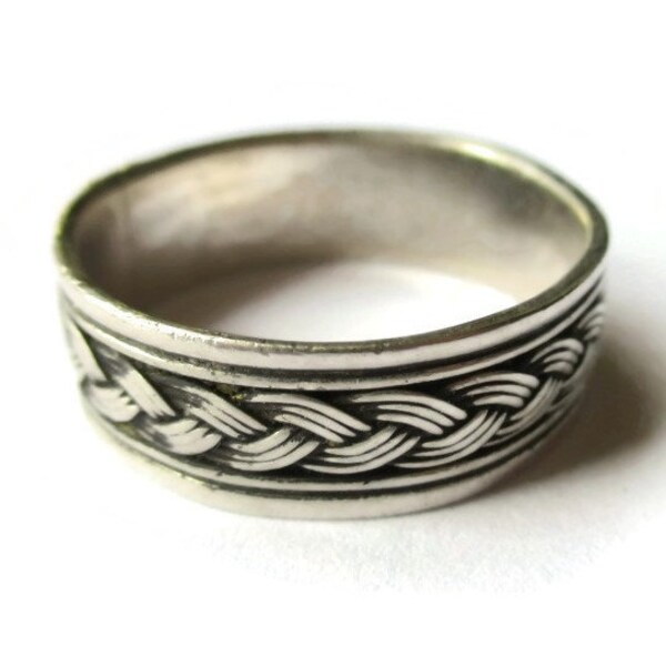 Sterling silver plaited ring, vintage silver band, braided design, Viking style, men's ring, alternative wedding band, stacking ring, #817.