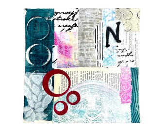 May include: A square mixed media collage featuring layered paper elements, including vintage book pages with printed text, musical notation, and handwritten script. The composition incorporates bold red circles, a black letter N, and teal accents.
