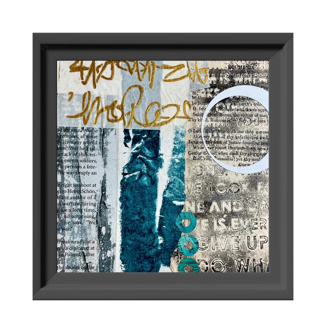 Curated visual reference: Fresh Look at Teal Gold Abstract Collage Art Mixed Media Wall Decor 8X8