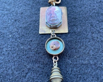 Mixed Media Statement Necklace, Brass Bohemian Wearable Art Pendant