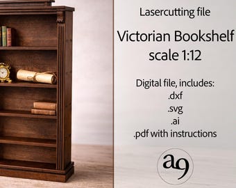 Bibliothèque miniature de style ancien - Fichier découpé au laser - Echelle 1:12 | Meubles de maison de poupée