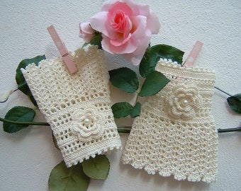 Crochet lace cuffs-Ivory cotton sleeves-Romantic wedding accessories-Fingerless gloves-Boho style