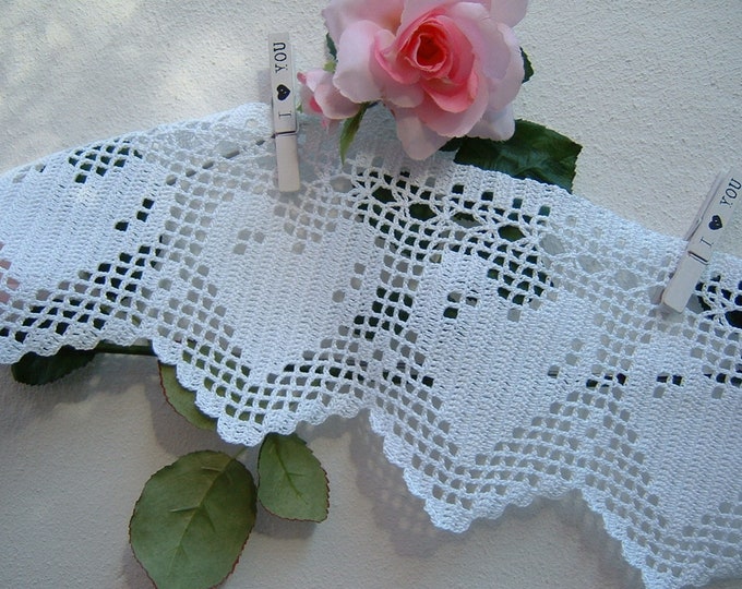 Featured listing image: Crochet lace border in white cotton- Filet border with hearts-Lace to be applied-cm.50xcm.15-On ordering