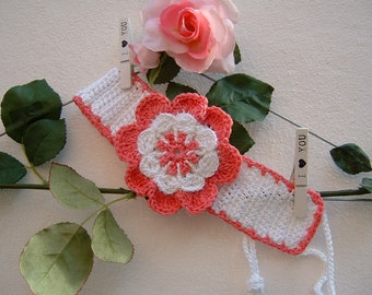 Crochet hair band - White and pink cotton bandana - Women's headband - Boho chic style - Hair band