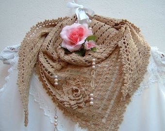 Crochet lace scarf-Ecru cotton shoulder wrap-Triangular scarf for summer-Boho style women's fashion-Applied flower