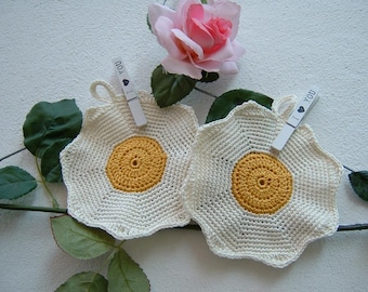 Coppia di presine all'uncinetto-Presine a forma di uova al tegamino-Presine decorative in puro cotone