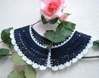 Blue and White Cotton Crochet Collar-Retro Chic Victorian Collar-Women's Fashion Crochet-Vintage Look