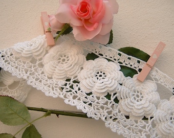 Bordure dentelle pour rideau au crochet avec roses irlandaises-Dentelle de coton blanc-Bordure dentelle romantique-cm.50xcm.10-Sur réservation