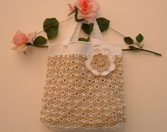 Crochet bag-bag in white cotton and beige-drilled bag for the summer-women's bag